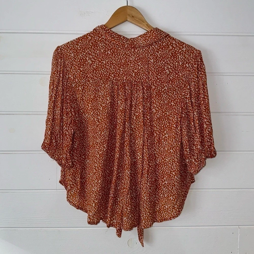 Free People Celia Print Tie Front Button Down Cropped Boho Blouse Sz L